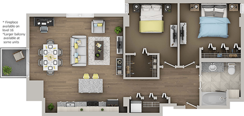 Floor plan for 2 beds, 1 bath, 944 sqft