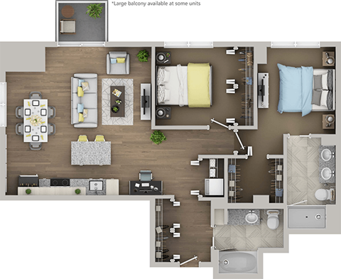 Floor plan for 2 beds, 2 baths, 1084 sqft