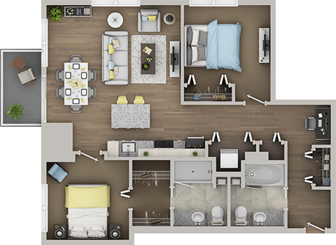 Floor plan for 2 beds, 2 baths, 1016 sqft
