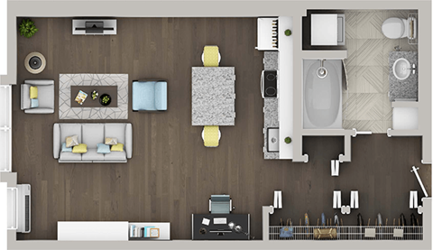 Floor plan for studio, 1 bath, 500 sqft
