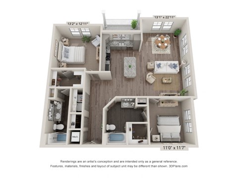 Floor plan for 2 beds, 2 baths, 1355 sqft