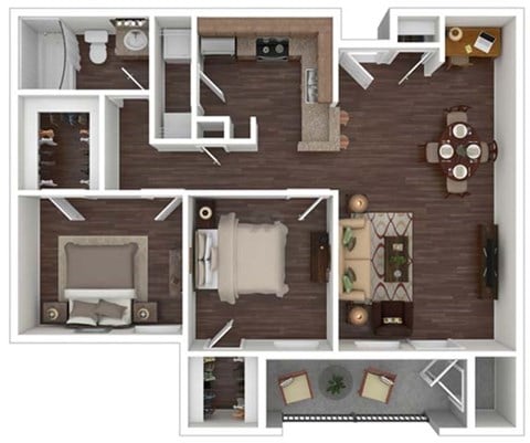 Floor plan for 2 beds, 1 bath, 950 sqft