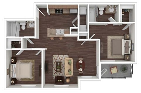 Floor plan for 2 beds, 2 baths, 973 sqft