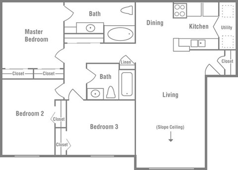 Floor plan for 3 beds, 2 baths, 1136 sqft