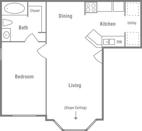 Floor plan for 1 bed, 1 bath, 570 sqft