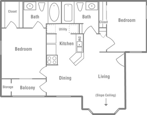 Floor plan for 2 beds, 2 baths, 872 sqft