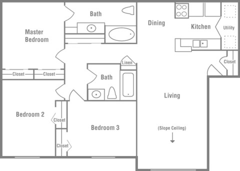 Floor plan for 3 beds, 2 baths, 1072 sqft