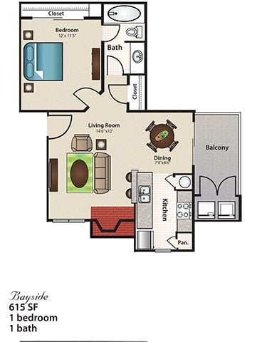 Floor plan for 1 bed, 1 bath, 615 sqft
