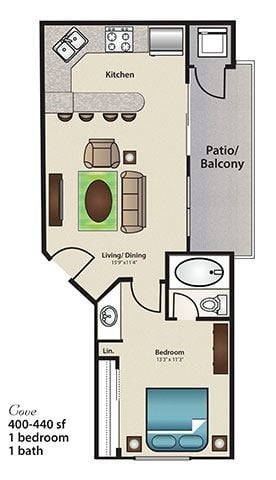 Floor plan for 1 bed, 1 bath, 440 sqft