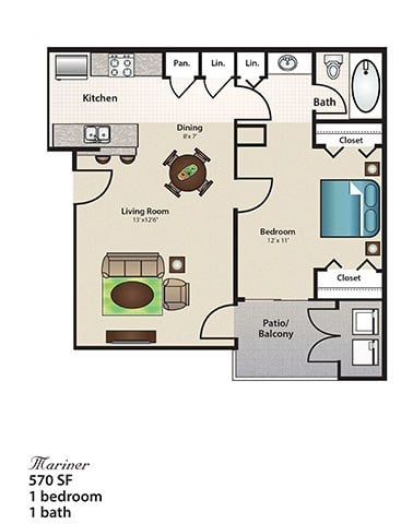 Floor plan for 1 bed, 1 bath, 570 sqft
