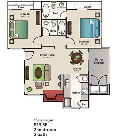 Floor plan for 2 beds, 2 baths, 815 sqft