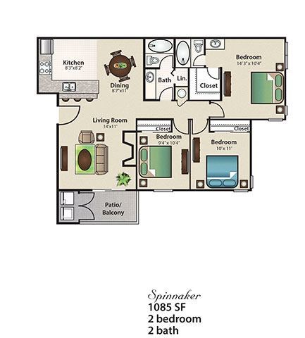 Floor plan for 3 beds, 2 baths, 1085 sqft