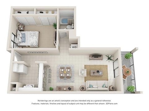 Floor plan for 1 bed, 1 bath, 750 sqft