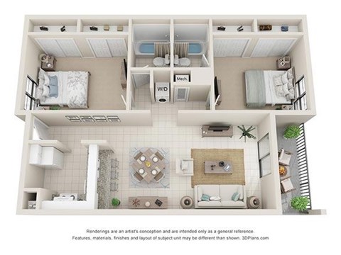 Floor plan for 2 beds, 2 baths, 950 sqft