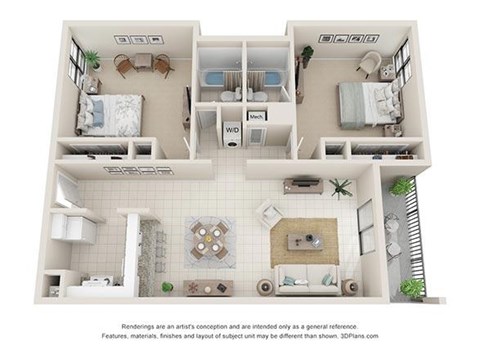 Floor plan for 2 beds, 2 baths, 975 sqft