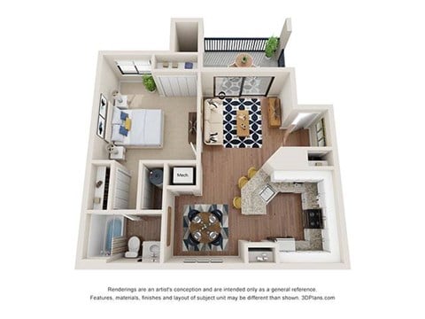 Floor plan for 1 bed, 1 bath, 629 sqft