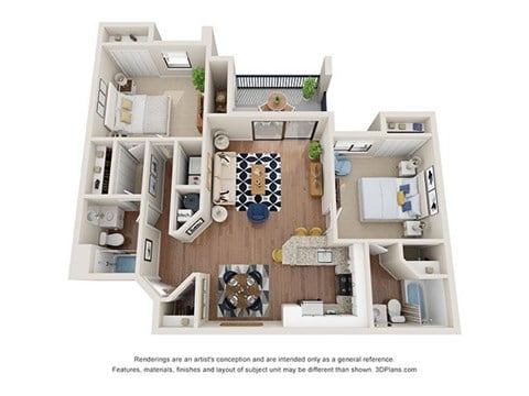 Floor plan for 2 beds, 2 baths, 981 sqft