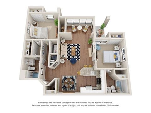 Floor plan for 2 beds, 2 baths, 1050 sqft