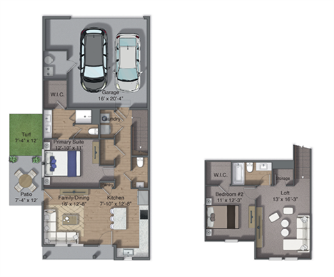 Floor plan for 2 beds, 2.5 baths, 1275 sqft