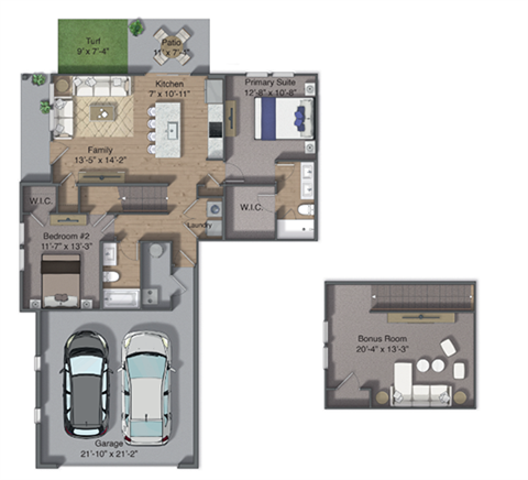 Floor plan for 2 beds, 2 baths, 1341 sqft
