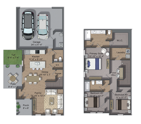 Floor plan for 3 beds, 2.5 baths, 1669 sqft