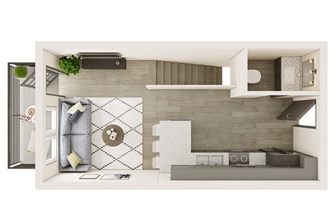 Floor plan for 1 bed, 1.5 baths, 715 sqft