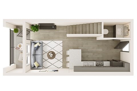 Floor plan for 1 bed, 1.5 baths, 776 sqft