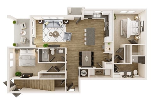 Floor plan for 2 beds, 2 baths, 1272 sqft
