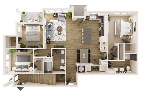 Floor plan for 3 beds, 3 baths, 1445 sqft