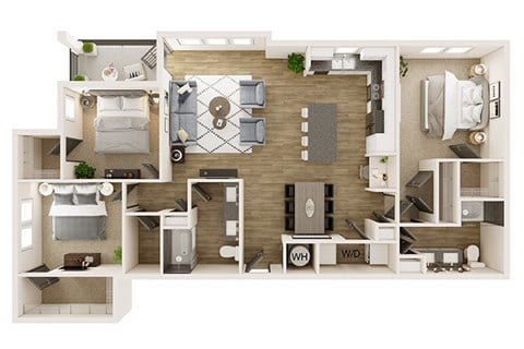 Floor plan for 3 beds, 3 baths, 1487 sqft