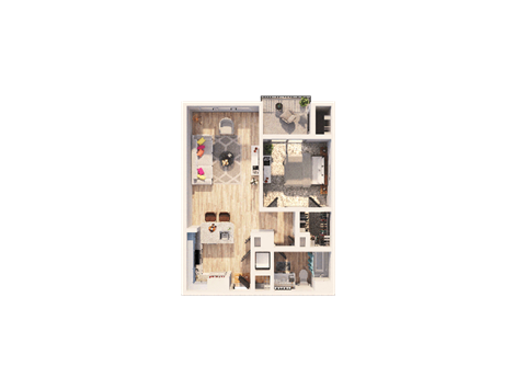 Floor plan for 1 bed, 1 bath, 730 sqft