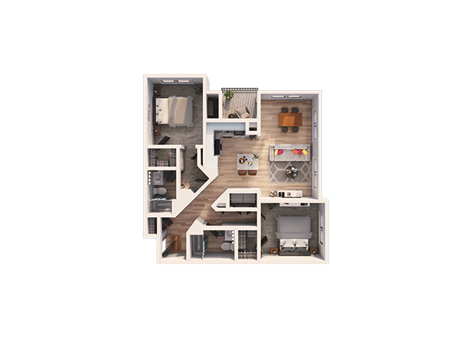 Floor plan for 2 beds, 2 baths, 1127 sqft