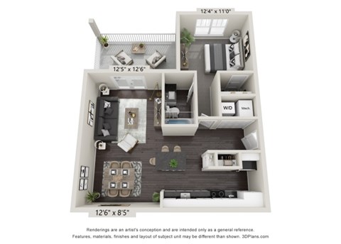 Floor plan for 1 bed, 1 bath, 733 sqft