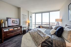 Chicago apartment for rent - a bedroom with a large bed and a television