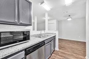 Myrtle Beach apartment for rent - A kitchen with a stainless steel dishwasher and a black oven.