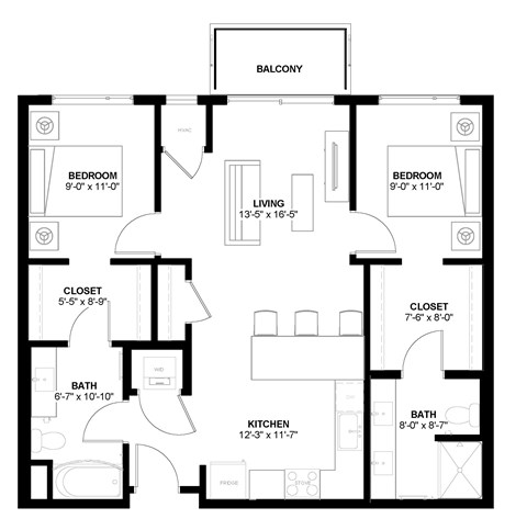 Floor plan for 2 beds, 2 baths, 958 sqft