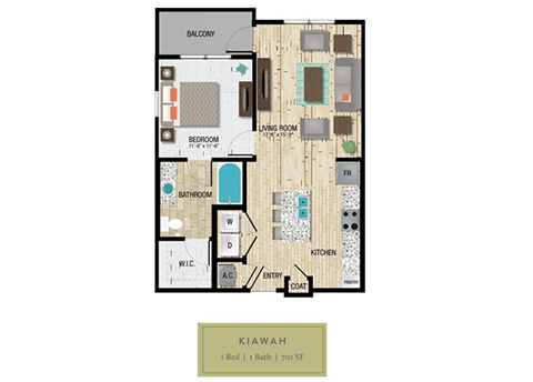 Floor plan for 1 bed, 1 bath, 701 sqft