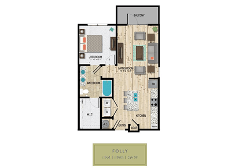 Floor plan for 1 bed, 1 bath, 746 sqft