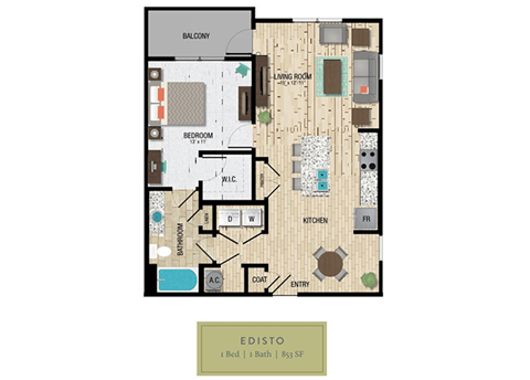 Floor plan for 1 bed, 1 bath, 853 sqft