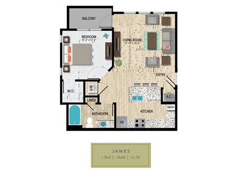Floor plan for 1 bed, 1 bath, 712 sqft