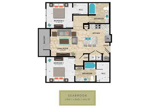 Floor plan for 2 beds, 2 baths, 1022 sqft