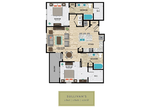 Floor plan for 2 beds, 2 baths, 1176 sqft