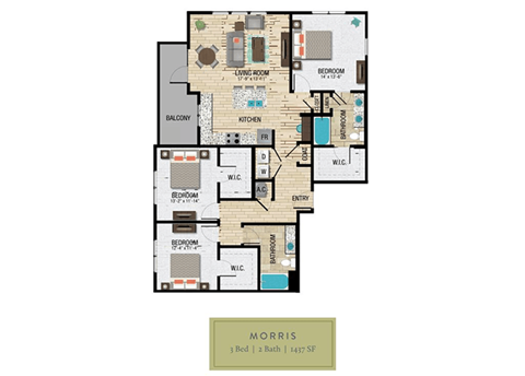 Floor plan for 3 beds, 2 baths, 1437 sqft