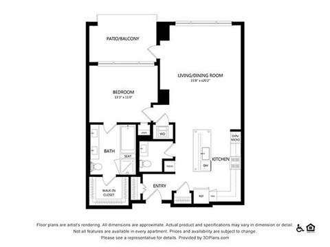 Floor plan for 1 bed, 1 bath, 983 sqft