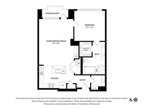Floor plan for 1 bed, 1 bath, 1020 sqft