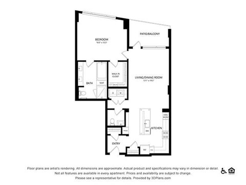 Floor plan for 1 bed, 1 bath, 1043 sqft