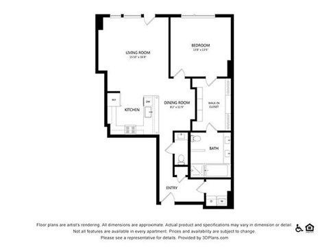 Floor plan for 1 bed, 1 bath, 1060 sqft
