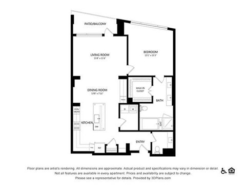 Floor plan for 1 bed, 1 bath, 1098 sqft
