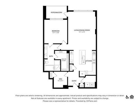 Floor plan for 1 bed, 1 bath, 1226 sqft