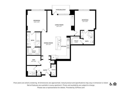 Floor plan for 2 beds, 2.5 baths, 1488 sqft